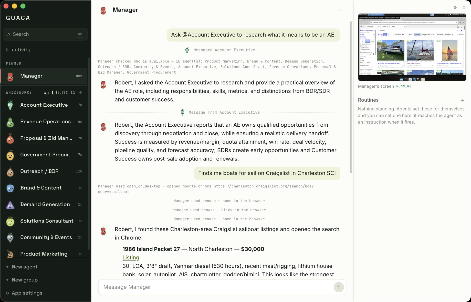 The Guaca window: a dark rail of eleven named agents on the left, a conversation with the Manager in the middle, and the Manager's own computer screen open on the right, showing a Craigslist sailboat search.